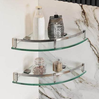 Bathroom Shelves, Glass Shelf Wall Mounted Glass Corner Shower Shelf for Bathroom with 304 Stainless Steel Rail (2 Packs)