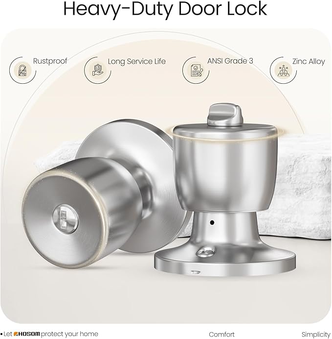 HOSOM 6 Pack Privacy Door Knob with Lock, Interior Door Knobs for Bedroom and Bathroom, Keyless Doorknob with Round Ball, Satin Nickel Door Handle