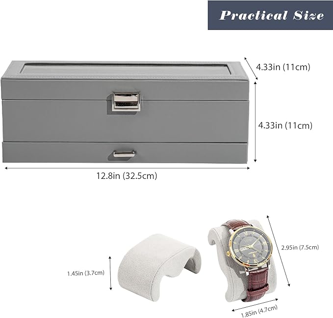 ProCase Watch Box, 6 Slot Watches Display Case with Drawer, Mens Watch Case with Glass Lid, 2-Layer Mens Jewelry Organizer Storage Holder, Birthday Valentine Gifts for Men -6 Slot, Grey