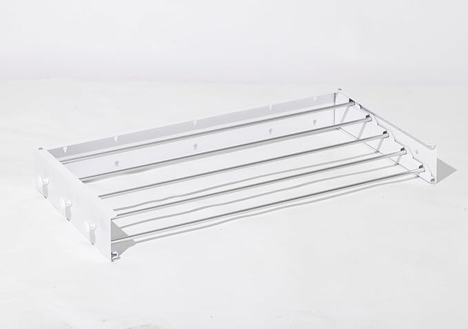 Wall Mounted Clothes Drying Rack, 32" Space Saving Foldable Laundry Drying Rack with Wall Template for Bathroom, Apartment, College Dorm (White 5 Rods and 6 Hooks)