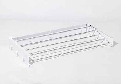Wall Mounted Clothes Drying Rack, 32" Space Saving Foldable Laundry Drying Rack with Wall Template for Bathroom, Apartment, College Dorm (White 5 Rods and 6 Hooks)