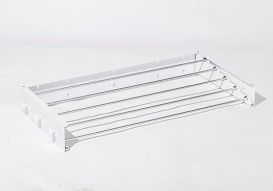 Wall Mounted Clothes Drying Rack, 32" Space Saving Foldable Laundry Drying Rack with Wall Template for Bathroom, Apartment, College Dorm (White 5 Rods and 6 Hooks)