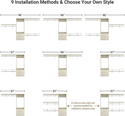Cyclysio 8 FT Hanging Closet Organizer System, 96 Inch Closet System with Drawers, Walk in Closet System with 4 Adjustable Rods and 3 Shelving Towers for 4-8FT Spaces(Cut-to-Fit), Oak