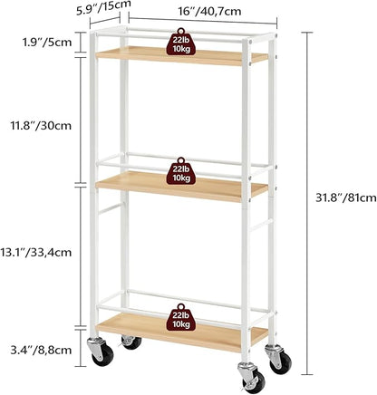 Slim Rolling Cart, Mobile Kitchen Cart on Wheels, Narrow Storage Cart for Small Space, Wooden Kitchen Storage Rack, for Bathroom, Laundry, Living Room, White RCBN1501