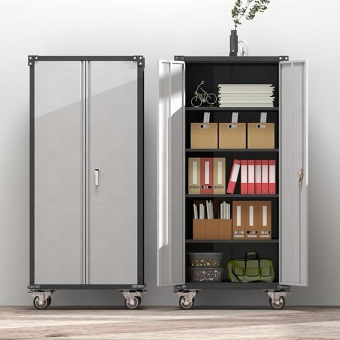 Rolling Garage Storage Cabinet with Locking Door and Shelves, 71''H Lockable Metal Storage Cabinet on Wheels, Steel Tool Cabinet for Warehouse, Basement, Utility Room, Black&Gray