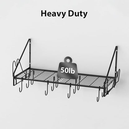 28 Inch Pot Rack Wall Mounted, Pots and Pans Organizer with 12 Hooks and 2 Pot Lid Holders, Heavy Duty Steel Pot and Pan Hanger for Kitchen Cookware Utensils Storage 34.7" Lx13 Wx12.6 H