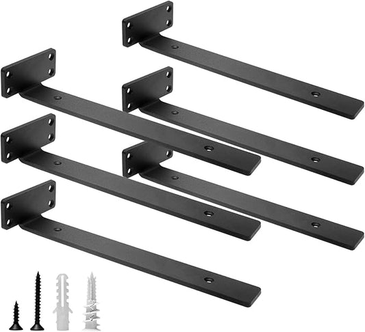 HITOMEN Heavy Duty Floating Shelf Brackets, 12-Inch (1/5'' Thick) Hidden Shelves Hardware, Cast Iron L Brackets, Rustic Industrial Black Metal Wall Shelving Supports, 6 Pack
