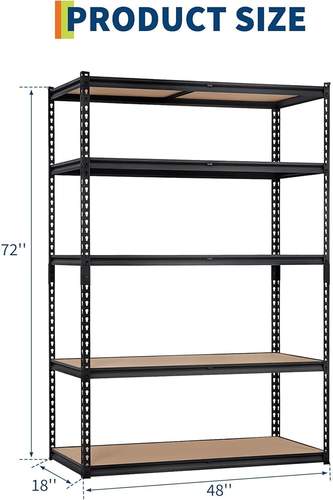 Heavy Duty Garage Storage Shelves 5-Tier Metal Adjustable Shelving Unit Storage Shelving for Kitchen Pantry Basement Bathroom Laundry, 2500 LBS Capacity, 48" l x 18" w x 72" h