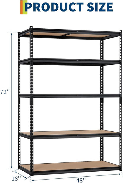 Heavy Duty Garage Storage Shelves 5-Tier Metal Adjustable Shelving Unit Storage Shelving for Kitchen Pantry Basement Bathroom Laundry, 2500 LBS Capacity, 48" l x 18" w x 72" h