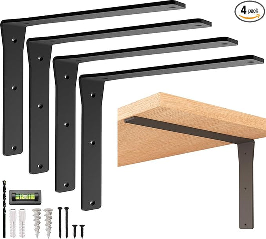4 Pack Heavy Duty Shelf Brackets 16 Inch by Balin Designs – Decorative L Bracket for Shelves, Metal Shelf Support Bracket, Wall Mounted Countertop Iron Corbels, Floating Black Shelving Brackets