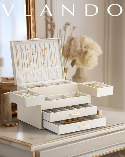Vlando 4 Layers Jewelry Box - Women Jewelry Box with Retractable Tray - Jewelry Organizer with Drawer for Necklaces, Rings, Bracelets, Earrings, Valentines Gift for Mom Girls - Cloud White