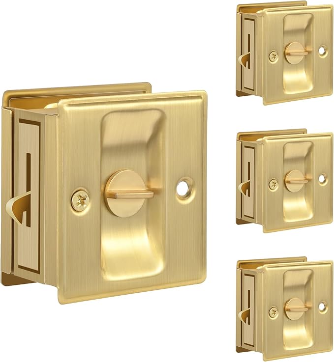 HOMOTEK 4 Pack Privacy Sliding Door Lock with Pull - Replace Old Or Damaged Pocket Door Locks Hardware Quickly and Easily, 2-3/4”x2-1/2”, for 1-3/8” Thickness Door, Brushed Brass