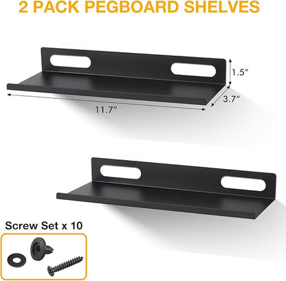 Metal Pegboard Shelf Set - 2Pack 11.7" Peg Board Shelving Racks Black Accessories Display Trays Tool Tiered Shelves for Office Craft Garage Kitchen Bathroom Pegboard Organization System (Medium)