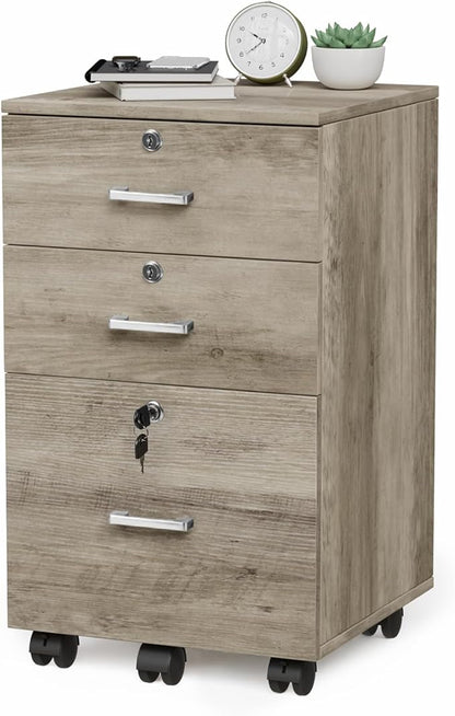 VINGLI 3-Drawer File Cabinet with Lock, Wood Rolling Under Desk File Cabinets for Home Office, Mobile Printer Stand & Filing Organizer for Letter Sized Files, 26" H(Caster Included), Rustic Gray