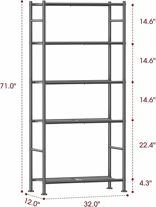 Storage Shelves - 5 Tier Shelf Organizer, Sturdy Metal Garage Shelving with Adjustable Leveling Feet, Space-Saving Shelves Organizer for Pantry, Laundry, Kitchen (32" x 12" x 71", Black)