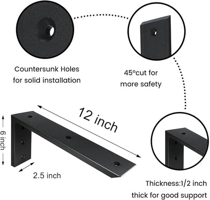Countertop Support Bracket 4 Pack 12 inch Heavy Duty 1/2" Thick Black Black Granite Countertop Bracket 12"x6"x2.5" Shelf L Bracket Mantel Corbels for Quartz/Granite/Wood/Concret/Laminate Countertops