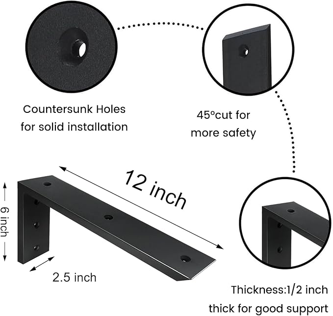 Countertop Support Bracket 3 Pack 12 inch Heavy Duty 1/2" Thick Black Black Granite Countertop Bracket 12"x6"x2.5" Shelf L Bracket Mantel Corbels for Quartz/Granite/Wood/Concret/Laminate Countertops