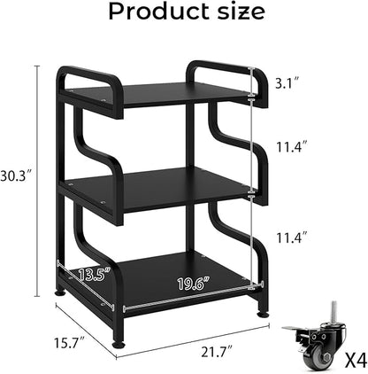 Natwind 3-Tier Printer Stand with Wheels Movable Storage Cart Floor-Standing Multi-Purpose Shelf Rack for Media Player Scanner Files Books Microwave Oven in Kitchen Living Room Home Office (Black)