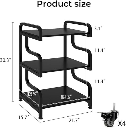 Natwind 3-Tier Printer Stand with Wheels Movable Storage Cart Floor-Standing Multi-Purpose Shelf Rack for Media Player Scanner Files Books Microwave Oven in Kitchen Living Room Home Office (Black)