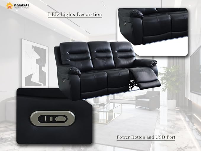 Black Breathing Leather Power Recliner Sofa and Chair with LED Lights, Living Room Funiture Sets, Power Reclining Sofa Set with 3 Recliner Seats/USB Port for Living Room