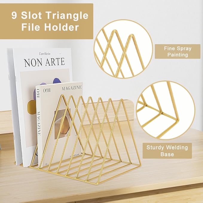 4Pcs Triangle File Holder, 9 Slot Black Magazine Holder, Metal Vinyl Record Storage Stand, Desktop File Organizer Magazine Rack, Bookshelf Organizer for Office Home, Letter Book (Gold) (Gold)