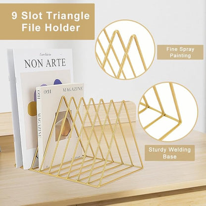 4Pcs Triangle File Holder, 9 Slot Black Magazine Holder, Metal Vinyl Record Storage Stand, Desktop File Organizer Magazine Rack, Bookshelf Organizer for Office Home, Letter Book (Gold) (Gold)