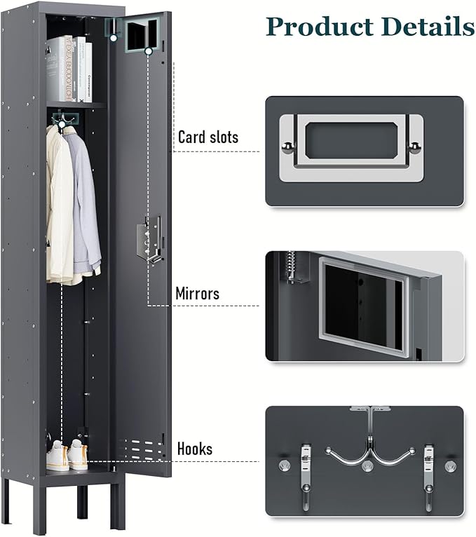 Metal Storage Locker with Lock & Card Slot Locker - Secure Lockable Door - Steel Locker for School, Office, Gym, Home - 66.15" H x 11.8" W x 11.8" D（1 Door, Grey）