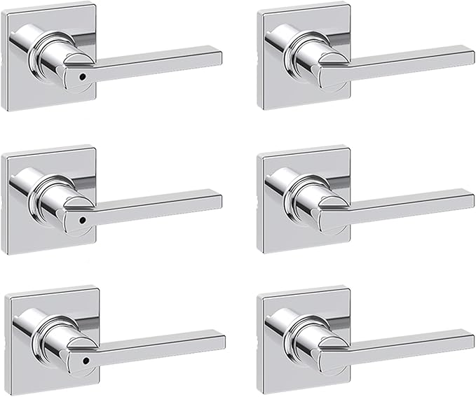 Kwikset Casey Hallway Passage and Bed/Bath Privacy Door Handle 6 Pack, 3 Passage Levers and 3 Privacy Levers, Polished Chrome Reversible Interior Handles