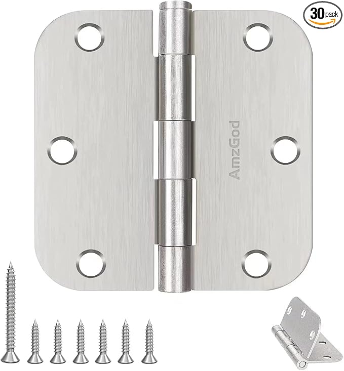 Door Hinges Brushed Nickel - 30 Pack Nickel Door Hinges 3.5 Inch Rounded Interior Satin Nickel Door Hinge with 5/8" Radius - Flat Iron Residential Standard 3 1/2 Inches Silver Door Hardware
