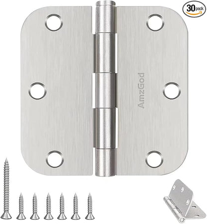 Door Hinges Brushed Nickel - 30 Pack Nickel Door Hinges 3.5 Inch Rounded Interior Satin Nickel Door Hinge with 5/8" Radius - Flat Iron Residential Standard 3 1/2 Inches Silver Door Hardware