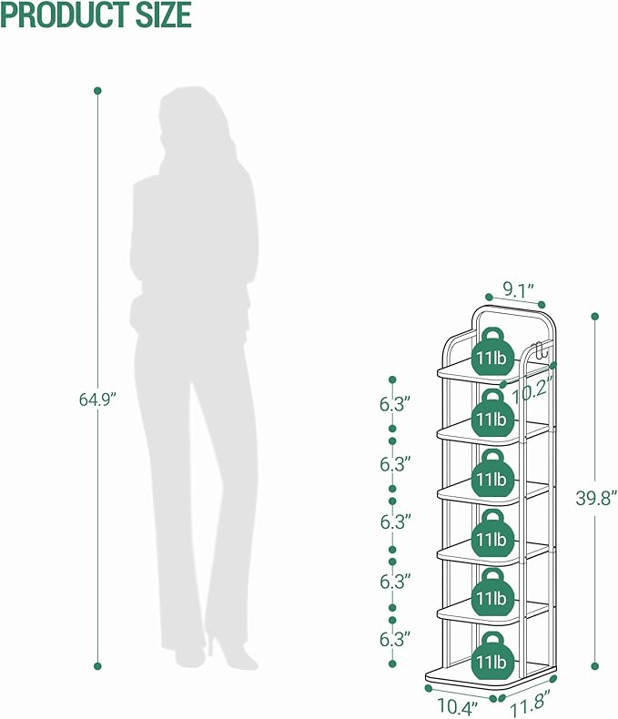 Vertical Shoe Rack, Shoe Shelves, Wood Shoe Organizer for Closet, Entryway, Shoe Tower for Small Spaces, Free Standing, Adjustable, with 2 Hooks, 6 Tier Black SR04204B