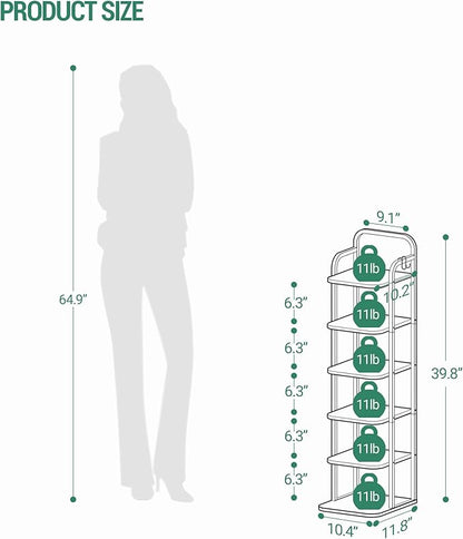 Vertical Shoe Rack, Shoe Shelves, Wood Shoe Organizer for Closet, Entryway, Shoe Tower for Small Spaces, Free Standing, Adjustable, with 2 Hooks, 6 Tier Black SR04204B