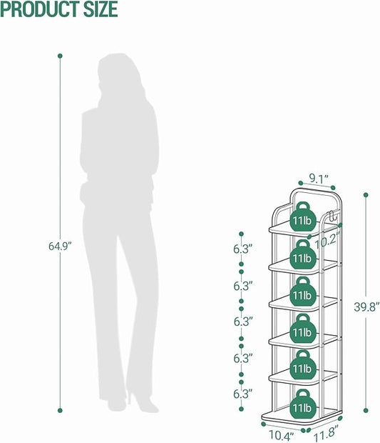 Vertical Shoe Rack, Shoe Shelves, Wood Shoe Organizer for Closet, Entryway, Shoe Tower for Small Spaces, Free Standing, Adjustable, with 2 Hooks, 6 Tier Black SR04204B
