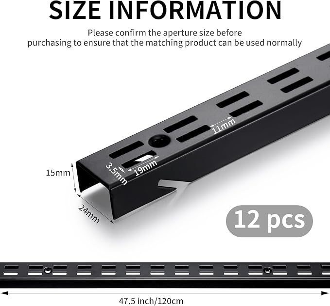 12 Pcs Shelf Rails Bracket Track 47.5 Inches Upright Closet System Hardware Adjustable Wall Standard Shelf Standards for Pantries, Linen Closets, Laundry Rooms, Utility Rooms (Black)