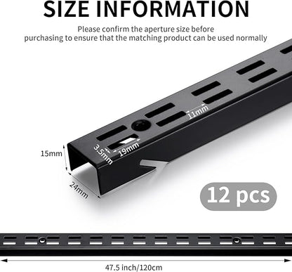 12 Pcs Shelf Rails Bracket Track 47.5 Inches Upright Closet System Hardware Adjustable Wall Standard Shelf Standards for Pantries, Linen Closets, Laundry Rooms, Utility Rooms (Black)