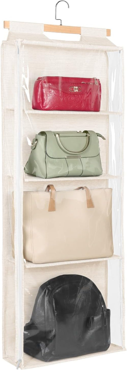 Syeeiex Over The Door Purse Organizer with Zippers, 4 Mesh Shelves,Clear Slubbed Fabric+PVC Hanging Closet Bag Organizer, Dustproof Handbag Closet Tote Storage Bag for Door, Wardrobe, Beige