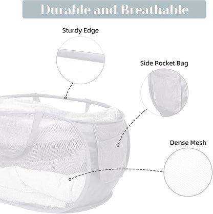 4 Pack Collapsible Laundry Baskets, Foldable Laundry Basket with Pocket, Durable Pop Up Hampers, Reinforced Handles Dirty Clothes Hamper for Laundry, Bedroom, Bathroom, Dorm, Travel or Camping White
