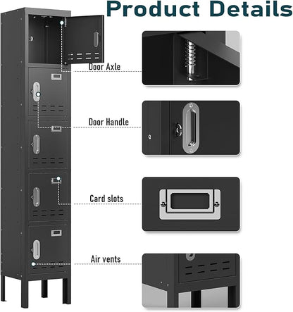 Metal Lockers - 66" Height Steel Lockers for Employees with 5 Door Storage Locker with Card Slot for Employees Gym School Home Office Garage - Assembly Required