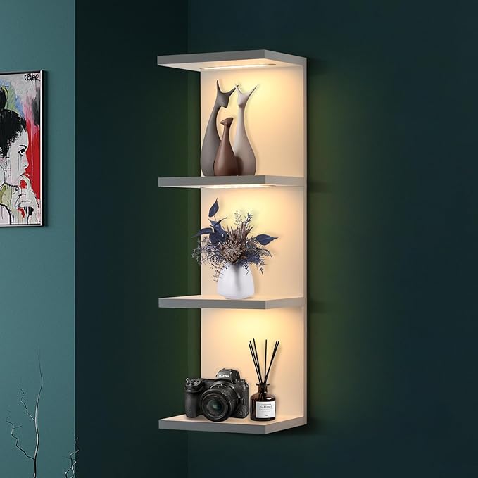 4-Tier Wall Shelf Unit with LED Lights, Floating Lack Shelf for Home Decor, Wall Mounted Vertical Display Shelf for Bedroom Living Room Vanity, White