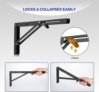 Ravinte 2 Pack 16 Inch Folding Shelf Brackets – Matte Black, Heavy Duty Collapsible Brackets for Tables and Benches – Space-Saving Design