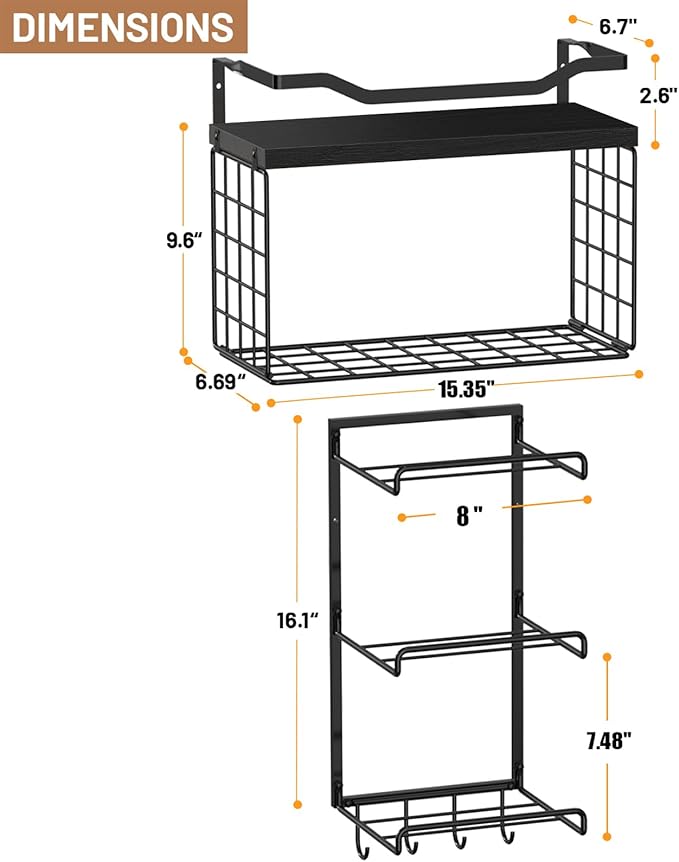 Yoga Mat Holder Black, Wall Mount Yoga Mat Storage Rack, Yoga Accessory Organizer With Wood Floating Shelves, 4 Hooks Hanging Yoga Strap & Resistance Bands, Home Gym Equipment Storage Decor