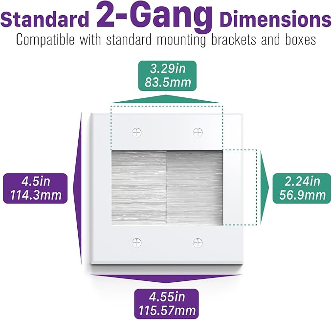Fosmon 2-Gang Brush Wall Plate White, Double Gang Cable Management Kit for Cable pass through, Wire Cord Hider for Wall Mounted TV, Coaxial, HDMI, Ethernet Speaker Wires with Black Bracket