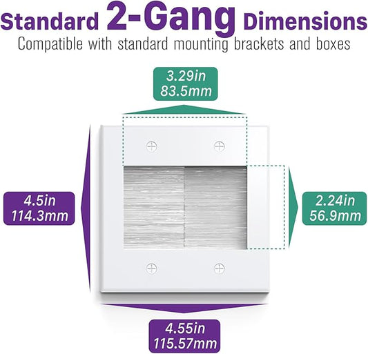 Fosmon 2-Gang Brush Wall Plate White, Double Gang Cable Management Kit for Cable pass through, Wire Cord Hider for Wall Mounted TV, Coaxial, HDMI, Ethernet Speaker Wires with Black Bracket