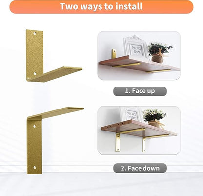 Gold Heavy Duty Shelf Brackets 4 Inch, Rustic Gold Iron L Shelf Bracket, Industrial Modern Metal Floating Shelf with Hardware for DIY Open Shelving, 4 Pack