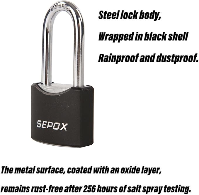 SEPOX® 1-9/16" All-Weather Outdoor Padlocks Keyed Alike, 1-5/8" Long Shackle, Solid Steel Lock, Heavy-Duty with Black Cover, Design for Gate Fence Cabinet Toolbox School Gym Locker with 2pcs Same Key