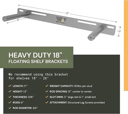 Floating Shelf Bracket - 18” Hidden Shelf Brackets, 150 LB Weight Capacity, Supports Wall Mounted Floating Shelves of Any Length, 3/4 Inch Industrial Solid Steel Support Rods Walnut Wood Works