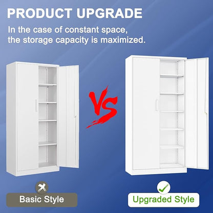 Metal Garage Storage Cabinet, 71" Locking Cabinet with 2 Doors and 5 Adjustable Shelves, White