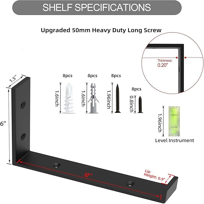 Shelf Bracket, Heavy Duty Floating Shelf Brackets 10-Inch Long, 4-Pack Brackets for Shelves, Black Coated J Shape Metal Wall Shelf Support Brackets with 1/5-Inch Thick and 160 lb. Load Capacity