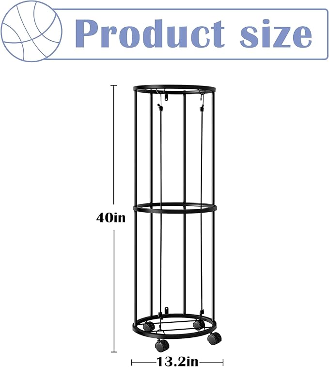 RunNico Columnar Vertical Ball Racks- 40x13.2 Inch Rolling Basketball Holder Wall Mount-Garage Sports Ball Storage for Indoor Rooms and Gyms