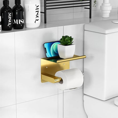 Brushed Gold Toilet Paper Holder Wall Mount, Fits Mega Rolls Size Rustproof Self Adhesive Brushed Brass Toilet Paper Holder Gold with Shelf